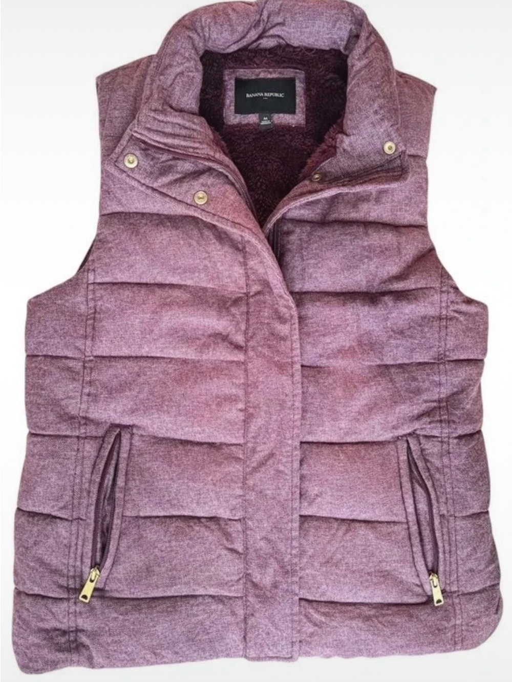 Banana Republic Sherpa Lined Puffer Vest Medium Heathered Berry Purple Plush